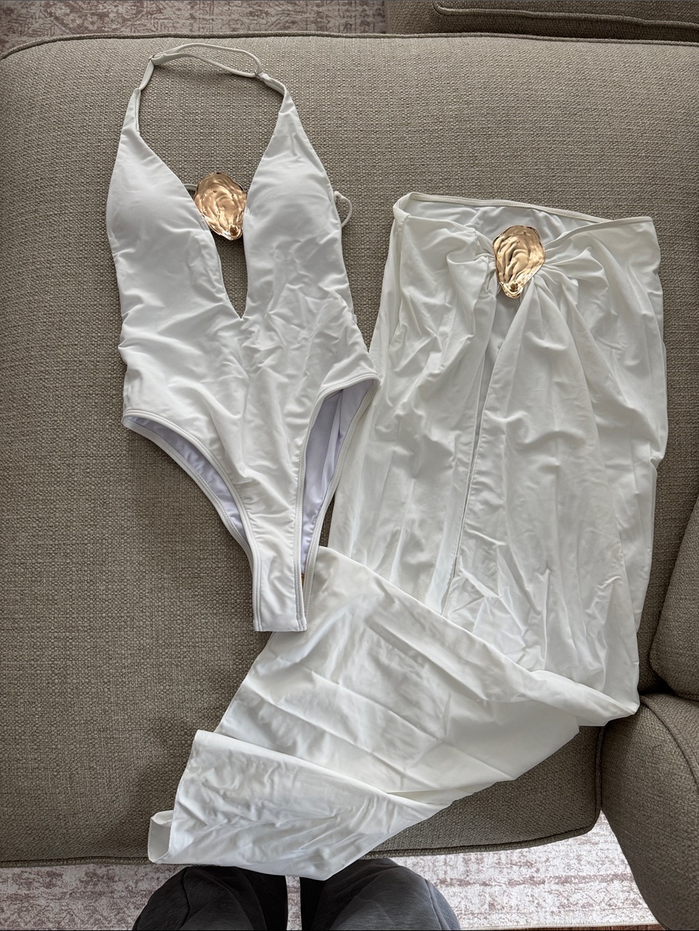 White Plunge One-Piece Swimsuit with Matching White Sarong Cover-Up